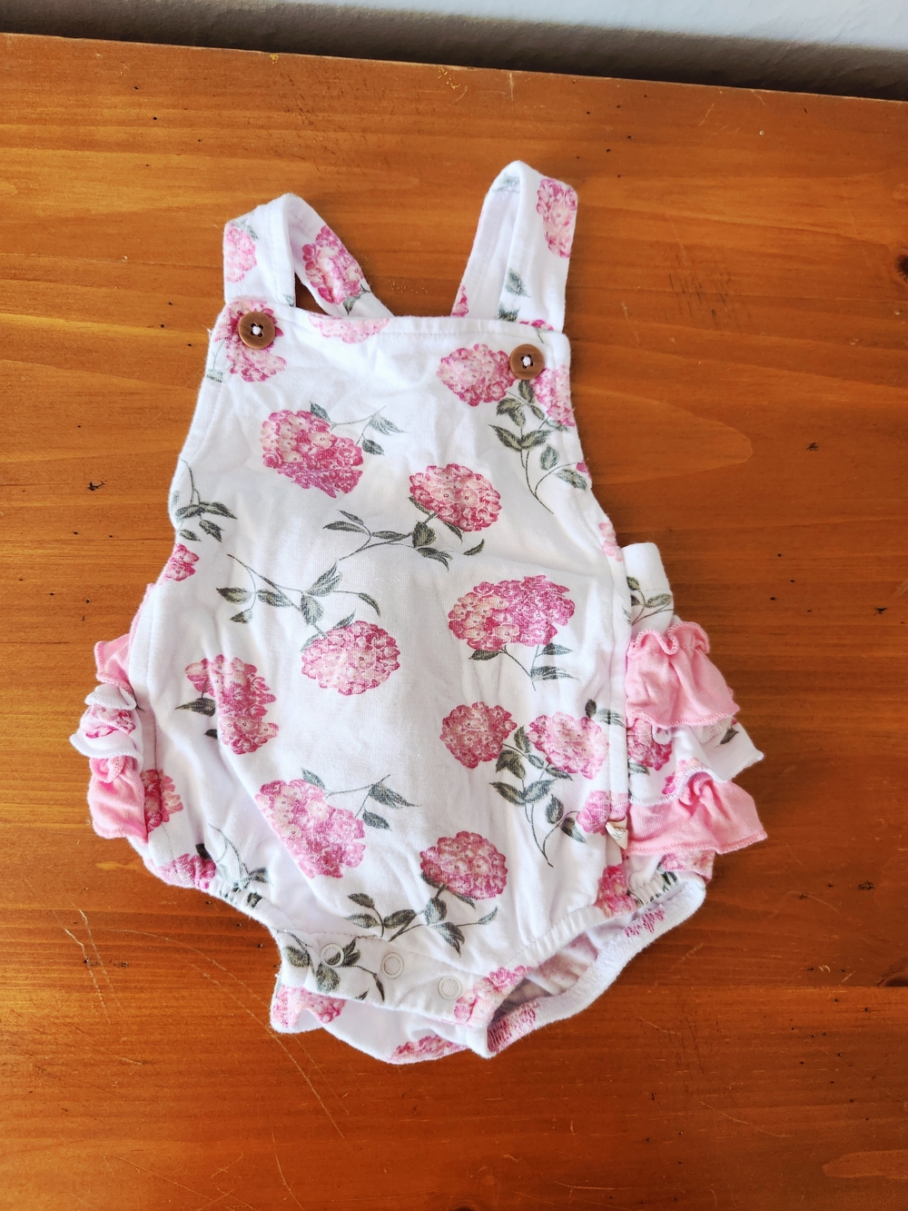Milkberry 3-6m White and Pink Floral Bubble Overalls with Ruffle Butt